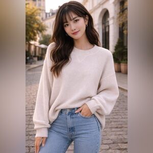 aerie Cream Ribbed Crewneck Sweater